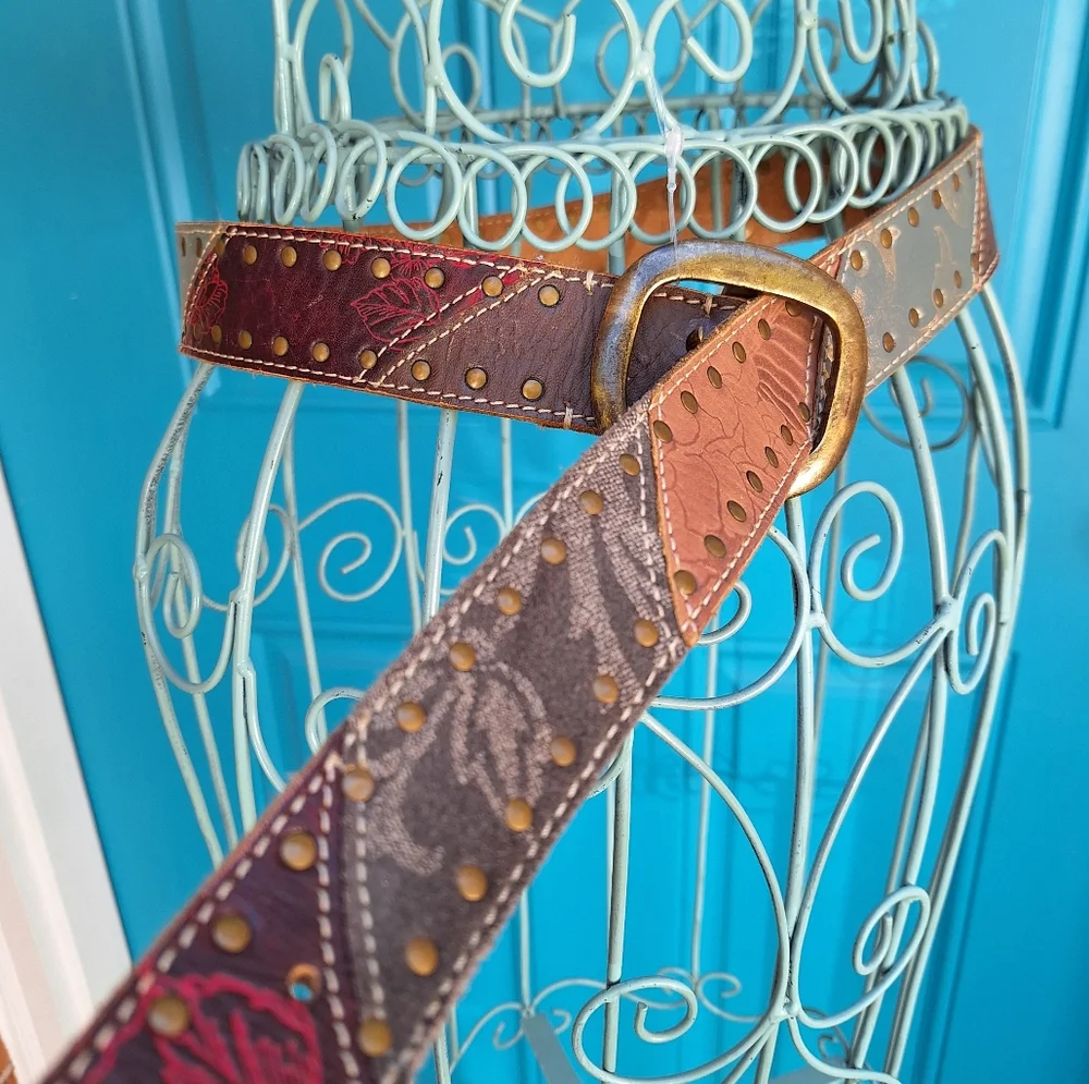 Genuine Leather Belt Metal Studded Embossed Patchwork Bohemian Tooled Womens - Picture 6 of 16